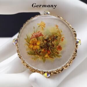 Vintage Made Germany Floral Glass Filigree Brooch AB Rhinestones